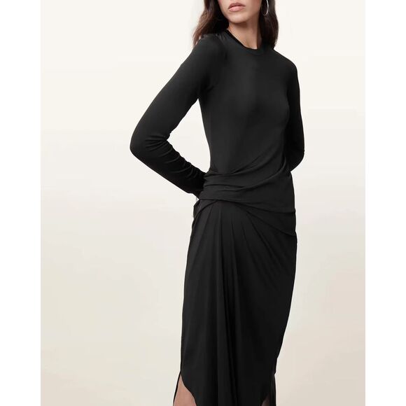 NEW, ALLSAINTS RIVI DRAPED LONG SLEEVE MIDI DRESS IN BLACK SIZE 8 US - Picture 2 of 7